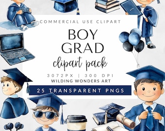 Jongen afstuderen clipartpakket voor commercieel gebruik, afstudeerfeestdecoraties, schoolfeest png, kinderdiploma en pet, digitale download