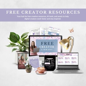 The image is a collage of various creative resources, including a laptop, a tablet, a book, a plant, and a lamp, all promoting the concept of a "Free Creator Library".