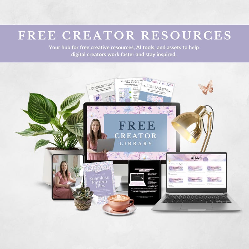 The image is a collage of various creative resources, including a laptop, a tablet, a book, a plant, and a lamp, all promoting the concept of a "Free Creator Library".