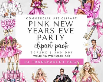 Pink New Years Eve Clipart Pack for Commercial Use, 2025 Party Clipart, Champagne & Balloons, Celebration Clipart, Watercolor New Year PNG