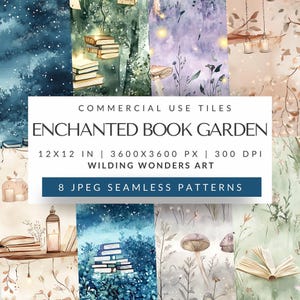 Enchanted Book Garden Seamless Pattern Backgrounds, Fairy and Books, Bookish Repeating Fantasy Pattern, Book Sublimation, DIGITAL DOWNLOAD