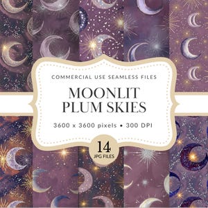 Moonlit Plum Skies Seamless Pattern Pack for Commercial Use, Celestial Digital Paper, Purple Starry Night Backgrounds, (Digital Download)