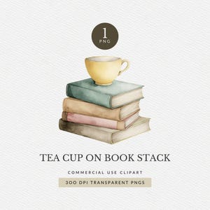 Tea Cup on Book Stack Clipart for Commercial Use, Watercolor Book Lover PNG, Reading and Tea Digital Art, (Digital Download)