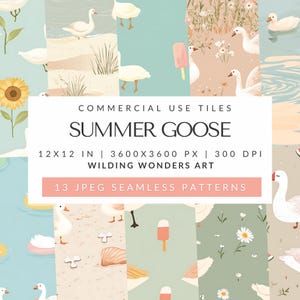 Summer Goose, Sans couture, Oie, Coquette, Cottagecore, Papier numérique, Ferme, Arrière-plan numérique, Répétition de carreaux