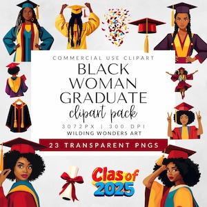 Black Woman Graduate Clipart Pack for Commercial Use, Graduation Clipart, Black Woman Clipart, Graduation Girl PNG, DIGITAL DOWNLOAD