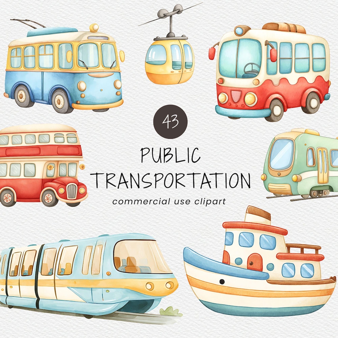 Public Transportation Clipart Pack for Commercial Use, Watercolor ...