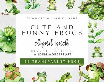 Watercolor Funny and Cute Frog Clipart for Commercial Use: Frogs Reading Books, Cute Frog Illustrations, Silly Frog PNGs, Transparent PNGs