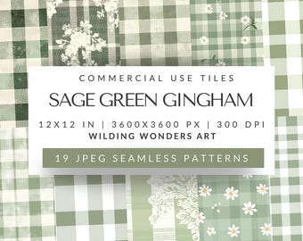 Sage Green Gingham Seamless Pattern Backgrounds, Repeating JPG, Daisy Gingham, Toile Gingham, Scrapbook, Commercial Use, DIGITAL DOWNLOAD
