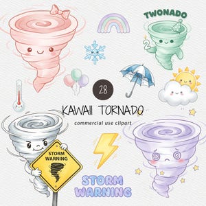 Pacote de Clipart de Tornado Kawaii para Uso Comercial, Aniversário com Tornado em PNG, Gráficos para Festa com Tema de Clima (Download Digital)