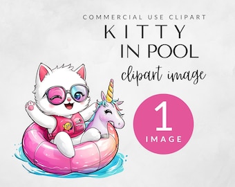 Watercolor Kitty in Pool Clipart for Commercial Use, Cute Cat Clipart, Kawaii Kitty Invites, Girls Birthday Party, Kawaii Animal, Water Cat