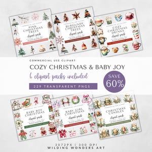Paquete de imágenes prediseñadas de Navidad acogedora y alegría para bebés para uso comercial: acuarela, árboles, bebidas, Navidad para bebés, Navidad rosa, invierno PNG