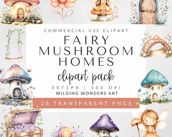 Fairy Mushroom Homes Clipart Pack for Commercial Use, Magical Fantasy Clipart, Fairy Garden PNG, Enchanted Forest Art, Watercolor Fairies