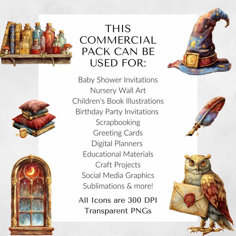 Spellbound Academia clipart pack can be used for baby shower invitations, nursery wall art, book illustrations, digital planners, scrapbooking, educational printables, and print-on-demand projects.