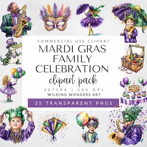 Pack de cliparts fête de famille Mardi Gras pour usage commercial, art du carnaval, graphiques de fête, perles, couronne, masques, plumes, fleur de lys Png