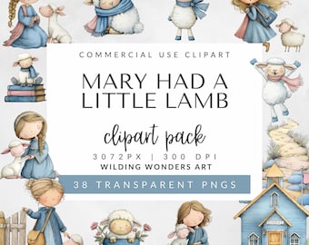 Mary Had a Little Lamb-clipartpakket voor commercieel gebruik, kinderrijmpje PNG, verhalenboek-clipart, aquarel babyshower, DIGITALE DOWNLOAD