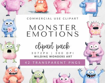 Watercolor Cute Monster Clipart Pack for Commercial Use, Happy and Silly Monsters, Emotions Set, Great for Crafts, High-Quality PNG Files
