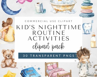 Kids Night Routine Clipart Commercial Use, Children's Bedtime Illustrations, Whimsical Watercolor Graphics, Instant Download, PNG Assets