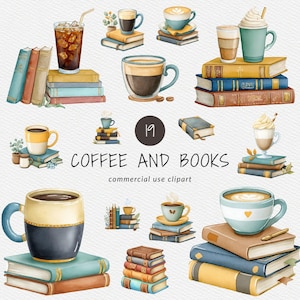Koffie en boeken clipartpakket voor commercieel gebruik, gezellige leesgraphics, vintage boekenliefhebber png's (digitale download)