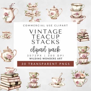 Pacchetto di Clipart di pile di tazze da tè floreali vintage per uso commerciale, Clipart di acquerelli, Tea Party, Clipart di tazze da tè rosa, pile di tazze da tè alla lavanda