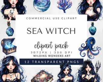 Paquete de imágenes prediseñadas de bruja marina para uso comercial, imágenes prediseñadas de sirena, imágenes prediseñadas de fantasía, imágenes submarinas, imágenes PNG de sirena oscura, descarga digital