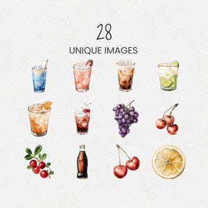 A watercolor-style dirty soda clipart pack featuring 28 unique drink and fruit illustrations. Includes a variety of colorful soda combinations with ice, cream, citrus, berries, and garnishes. Files are high-resolution 300 DPI PNGs with transparent backgrounds for easy layering and design use. Suitable for menus, party decor, invitations, digital products, and creative projects.