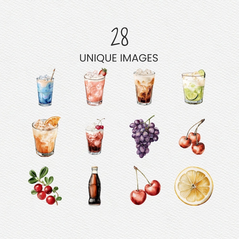 A watercolor-style dirty soda clipart pack featuring 28 unique drink and fruit illustrations. Includes a variety of colorful soda combinations with ice, cream, citrus, berries, and garnishes. Files are high-resolution 300 DPI PNGs with transparent backgrounds for easy layering and design use. Suitable for menus, party decor, invitations, digital products, and creative projects.