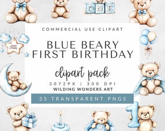 Blue Beary First Birthday Clipart Pack for Commercial Use, Baby Shower Clipart, 1st Birthday Bear, Boy Baby Balloons, We Can Bearly Wait
