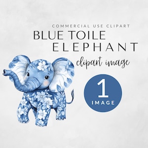 Blauwe toile babyolifant clipart voor commercieel gebruik, chinoiserie dier, safari toile de jouy, babyshower voor jongens, bloemen babyshower voor jongen