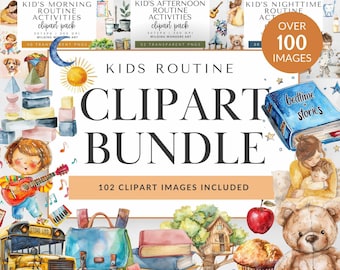 Kids Daily Routine Clipart BUNDLE for Commercial Use, Children Morning, Afternoon and Night Watercolor Graphics, Transparent PNGs,