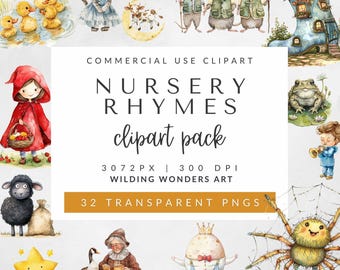 Watercolor Nursery Rhymes Clipart Pack Commercial Use, Children’s Storybook Illustrations, Kids Clipart, Fairytale Art, Nursery Decor, PNG