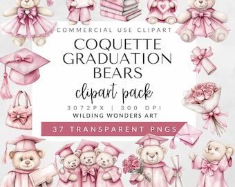 Coquette Graduation Bears Clipart Pack for Commercial Use, Pink Grad Clipart, Graduate Teddy Bear, Preschool Graduation, DIGITAL DOWNLOAD