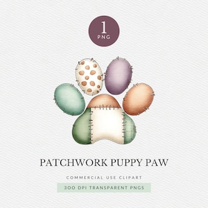 Paquete de imágenes prediseñadas de patas de cachorro con patchwork para uso comercial, PNG de pata de perro rústica, gráfico de marca para mascotas (descarga digital)