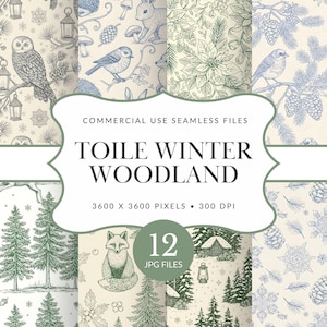 Toile Winter Woodland Seamless Pattern Pack for Commercial Use, Vintage Winter Scenes, Christmas Decor Images, (Digital Download)