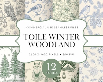 Toile Winter Woodland Seamless Pattern Pack for Commercial Use, Vintage Winter Scenes, Christmas Decor Images, (Digital Download)