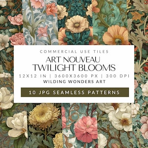 Art Nouveau Floral Seamless Pattern: Twilight Bloom, Watercolor Repeating Tiles, Flower JPG Images, (Digital Download)