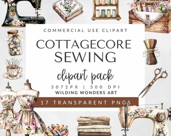 Cottagecore Sewing Clipart Pack for Commercial Use, Vintage Clipart, Watercolor Sewing, Quilting, Seamstress, Scrapbooking, DIGITAL DOWNLOAD