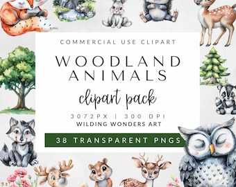 Paquete de imágenes prediseñadas de animales del bosque para uso comercial, imágenes prediseñadas de acuarela, imágenes prediseñadas de animales lindos, imágenes prediseñadas de animales bebés, animales del bosque, arte mural para guardería