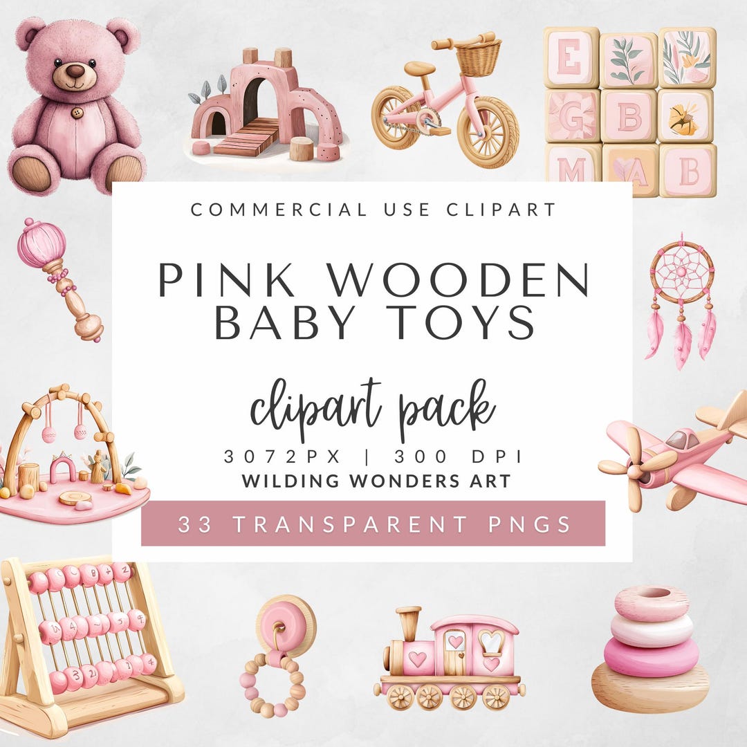 Pink Wooden Baby Toys Clipart Pack for Commercial Use, Baby Shower ...