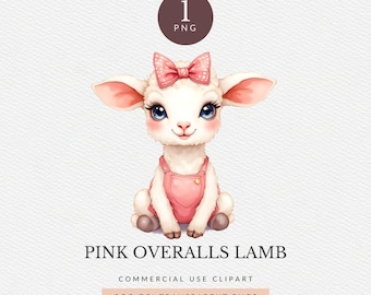 Pink Overalls Lamb Clipart Pack for Commercial Use, Baby Shower Animal PNG, Nursery Farm Graphic for Kids’ Decor (Digital Download)