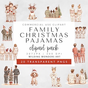 Weihnachts-Pyjamas-Clipart-Pack für kommerzielle Nutzung, gemütliche Familien-Pyjamas, passende Pyjamas, festliche Weihnachtscliparts, Feiertagsgrafiken