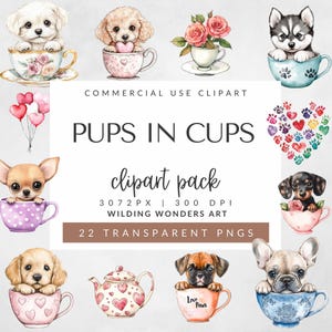 Pack de cliparts chiots dans des tasses pour usage commercial, chiens de la Saint-Valentin, art mug chiot, graphiques chien romantique, impression par sublimation aquarelle