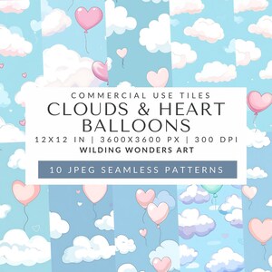 Clouds & Heart Balloons Seamless Pattern Backgrounds, Digital Paper, Scrapbook, Sky, Birthday Balloons, Sublimation Design, DIGITAL DOWNLOAD
