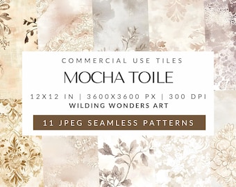 Mocha Mousse Toile Seamless Pattern Tiles for Commercial Use, Beige Chinoiserie Pattern, Vintage Floral Digital Paper DIGITAL DOWNLOAD