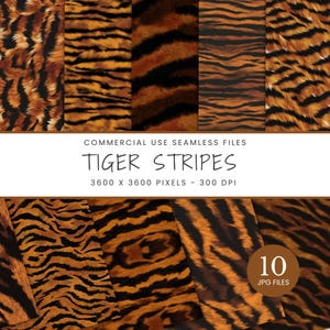 May include: A collection of ten seamless JPG files featuring tiger stripe patterns in shades of brown, black, and orange. The image includes the text "TIGER STRIPES" and details about the file size and resolution.