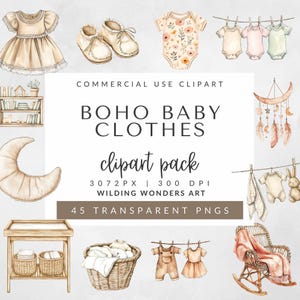 Baby Clothes Line Clipart Pack for Commercial Use, Baby Shower Clipart, Boho Baby Clothes, Gender Neutral, Watercolor Clipart, Newborn Decor