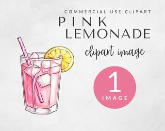 Pink Lemonade Watercolor Clipart for Commercial Use, Summer Drink Clipart, Glass of Lemonade PNG, Lemon Sublimation Design, Food Clipart