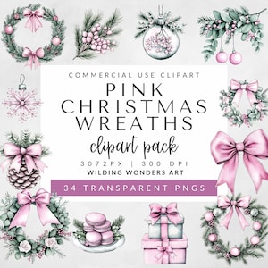 Pink Christmas Wreath Clipart Pack for Commercial Use, Watercolor Floral PNG, Holiday Decor, Bells, Ornaments, Pink Bows and Poinsettias