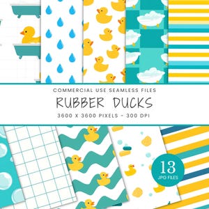 Könnte beinhalten: Eine Sammlung von 13 JPG-Dateien mit nahtlosen Mustern zum Thema Gummienten. Designs umfassen gelbe Gummienten, Badewannen, Regentropfen und Streifenmuster in Blau, Gelb und Weiß. Der Text lautet "RUBBER DUCKS".