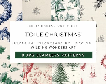 Toile Christmas Seamless Pattern Pack for Commercial Use, Vintage Digital Paper, French Chinoiserie Holiday Art (Digital Download)