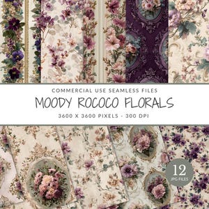 Moody Rococo Floral Seamless Pattern Pack for Commercial Use, Vintage Printable Papers, Elegant Scrapbook Clip Art (Instant Download)